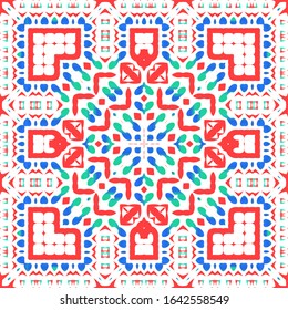 Mexican vintage talavera tiles. Vector seamless pattern poster. Geometric design. Red antique background for pillows, print, wallpaper, web backdrop, towels, surface texture.