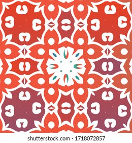 Mexican vintage talavera tiles. Vector seamless pattern illustration. Modern design. Red antique background for pillows, print, wallpaper, web backdrop, towels, surface texture.