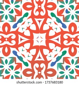 Mexican vintage talavera tiles. Vector seamless pattern watercolor. Geometric design. Red antique background for pillows, print, wallpaper, web backdrop, towels, surface texture.