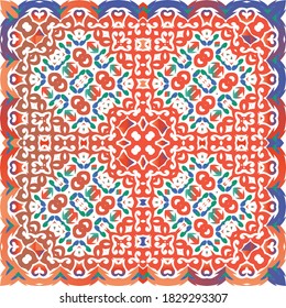 Mexican vintage talavera tiles. Vector seamless pattern frame. Geometric design. Red antique background for pillows, print, wallpaper, web backdrop, towels, surface texture.