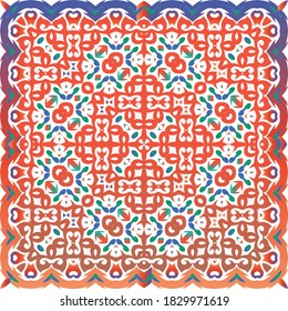 Mexican vintage talavera tiles. Vector seamless pattern frame. Geometric design. Red antique background for pillows, print, wallpaper, web backdrop, towels, surface texture.