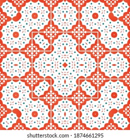 Mexican vintage talavera tiles. Vector seamless pattern flyer. Creative design. Red antique background for pillows, print, wallpaper, web backdrop, towels, surface texture.