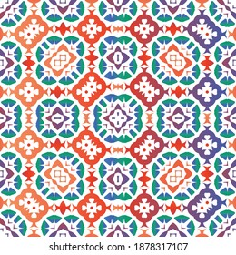 Mexican vintage talavera tiles. Vector seamless pattern watercolor. Graphic design. Red antique background for pillows, print, wallpaper, web backdrop, towels, surface texture.