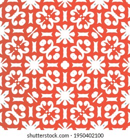 Mexican vintage talavera tiles. Vector seamless pattern poster. Hand drawn design. Red antique background for pillows, print, wallpaper, web backdrop, towels, surface texture.