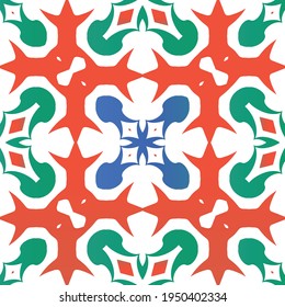 Mexican vintage talavera tiles. Vector seamless pattern frame. Colored design. Red antique background for pillows, print, wallpaper, web backdrop, towels, surface texture.