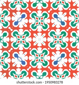 Mexican vintage talavera tiles. Vector seamless pattern frame. Colored design. Red antique background for pillows, print, wallpaper, web backdrop, towels, surface texture.