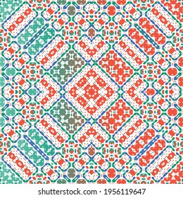 Mexican vintage talavera tiles. Vector seamless pattern collage. Colored design. Red antique background for pillows, print, wallpaper, web backdrop, towels, surface texture.