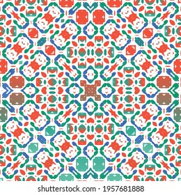 Mexican vintage talavera tiles. Vector seamless pattern collage. Colored design. Red antique background for pillows, print, wallpaper, web backdrop, towels, surface texture.