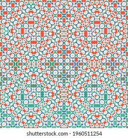 Mexican vintage talavera tiles. Vector seamless pattern collage. Colored design. Red antique background for pillows, print, wallpaper, web backdrop, towels, surface texture.