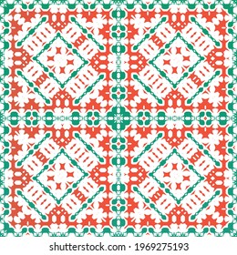 Mexican vintage talavera tiles. Vector seamless pattern frame. Colored design. Red antique background for pillows, print, wallpaper, web backdrop, towels, surface texture.