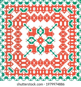 Mexican vintage talavera tiles. Vector seamless pattern frame. Colored design. Red antique background for pillows, print, wallpaper, web backdrop, towels, surface texture.