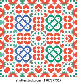 Mexican vintage talavera tiles. Vector seamless pattern collage. Colored design. Red antique background for pillows, print, wallpaper, web backdrop, towels, surface texture.