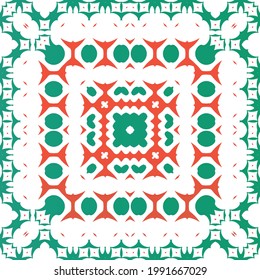 Mexican vintage talavera tiles. Vector seamless pattern frame. Colored design. Red antique background for pillows, print, wallpaper, web backdrop, towels, surface texture.