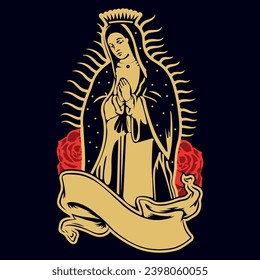 Mexican Virgin of Guadalupe vintage silkscreen style poster illustration with roses on dark background