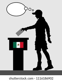 Mexican voter young man voting for election in Mexico with thought bubble. All the silhouette objects and backgrounds are in different layers. 