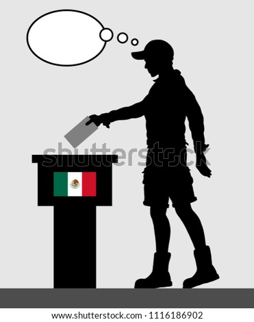 Mexican voter young man voting for election in Mexico with thought bubble. All the silhouette objects and backgrounds are in different layers. 