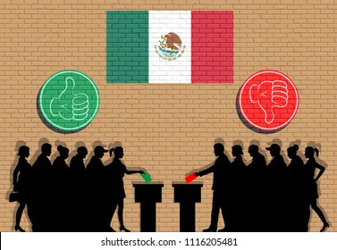 Mexican voters crowd silhouette in election with thumb icons and Mexico flag graffiti. All the silhouette objects, icons and background are in different layers. 