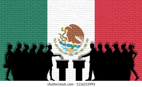 Mexican voters crowd silhouette in election with Mexico flag graffiti in front of brick wall. All the silhouette objects, icons and background are in different layers. 