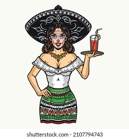 camarera mexicana con cara pintada con sombrero y vestido con hombros desnudos llevando un vaso de cóctel, ilustración vectorial