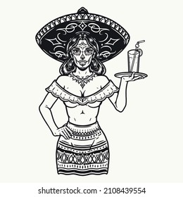 Mexican waitress with painted face wearing sombrero, hoop earrings and necklace carrying tray with cocktail glass, vector illustration