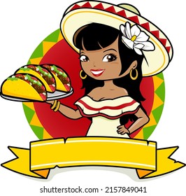 Mexican waitress serving tacos. Vector illustration