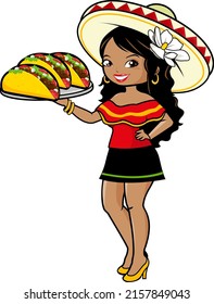 Mexican waitress serving a tray with tacos. Vector illustration.