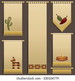 mexican wall hangings with motifs and gold tassel fringing, shadows on separate layer