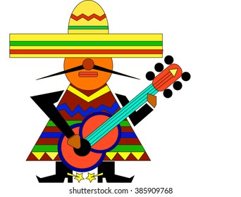 Mexican wearing a sombrero, poncho and boots with spurs plays guitar.The concept of the typical national traditions and tourism. Mexico