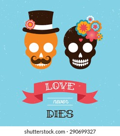 Mexican wedding invitation with two cute hipster skulls