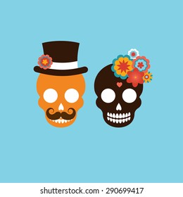 Mexican wedding invitation with two cute hipster skulls