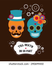 Mexican wedding invitation with two cute hipster skulls