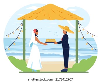 Mexican wedding traditional ceremony. Latin america bride and groom in ethnic dress performing marriage rituals and habits. Flat vector illustration