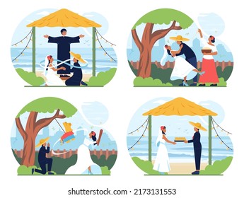 Mexican wedding traditional ceremony set. Latin america bride and groom in ethnic dress performing marriage rituals and habits. Flat vector illustration