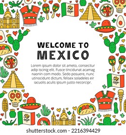 Mexican welcome poster with national landmarks, food and attractions in doodle style and space for text isolated on white background.