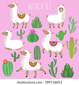 Lámparas mexicanas blancas de alpaca y vectores de plantas del desierto. Caricatura de lama animal y cactus naturales con ilustración floral