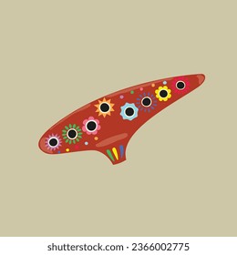 Mexican wind musical instrument Ocarina flat vector. Dia De Los Muertos. Day of the dead concept. Latin, Caribbean, Mesoamerican, Mexican, Spanish traditional culture. Ethnic instruments