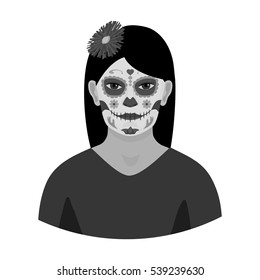 Mexican woman with calavera make up icon in monochrome style isolated on white background. Mexico country symbol stock vector illustration.