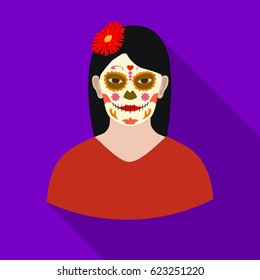 Mexican woman with calavera make up icon in flat style isolated on white background. Mexico country symbol stock vector illustration.