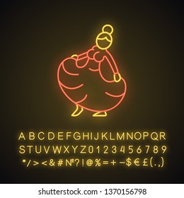 Mexican woman dancer neon light icon. Flamenco tap dance. Dancer in long dress. Glowing sign with alphabet, numbers and symbols. Vector isolated illustration