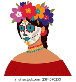 Mexican woman face with sugar skull and flowers wreath. Day of the dead. Dia de los muertos.