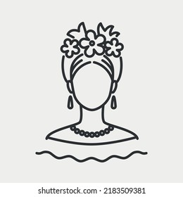 Mexican Woman With Flowers In The Hairstyle. Latin Female Avatar. South America Culture People Line Icon. Vector Illustartion