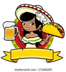 Mexican woman holding a cold beer and a taco. Vector illustration