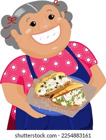 Mexican woman holding a dish of two gorditas.