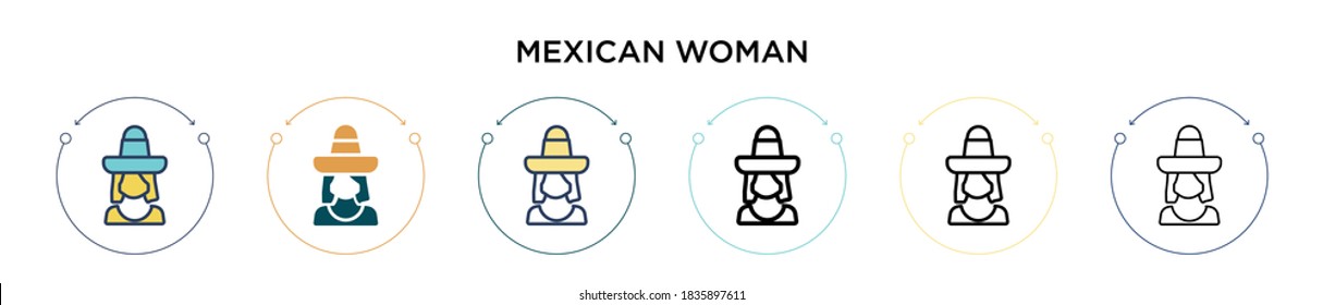 Mexican woman icon in filled, thin line, outline and stroke style. Vector illustration of two colored and black mexican woman vector icons designs can be used for mobile, ui, web