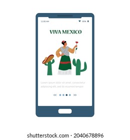 Mexican woman in interface of mobile phone onboarding page, flat cartoon vector illustration. Application screen design for Mexican culture events and travel advert.