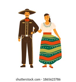 Mexican woman and man wearing traditional costumes. Male person in national hispanic suit and sombrero. Female character in ornamented skirt. Flat vector illustration isolated on white