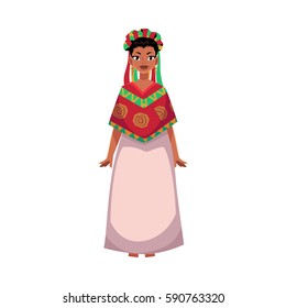 Mexican woman in national clothes, serape shawl and flower crown, head wreath, cartoon vector illustration isolated on white background. Full length portrait of Mexican woman in national clothes