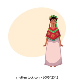 Mexican woman in national clothes, serape shawl and flower crown, head wreath, cartoon vector illustration with place for text. 