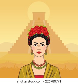 Mexican woman on a pyramid Maya background.