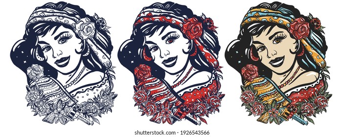 Mexican woman portrait. Latin ethnic girl in national clothes. Mexico people. Hand drawn cartoon character set. Isolated on white. Traditional tattooing style. Old school tattoo vector art